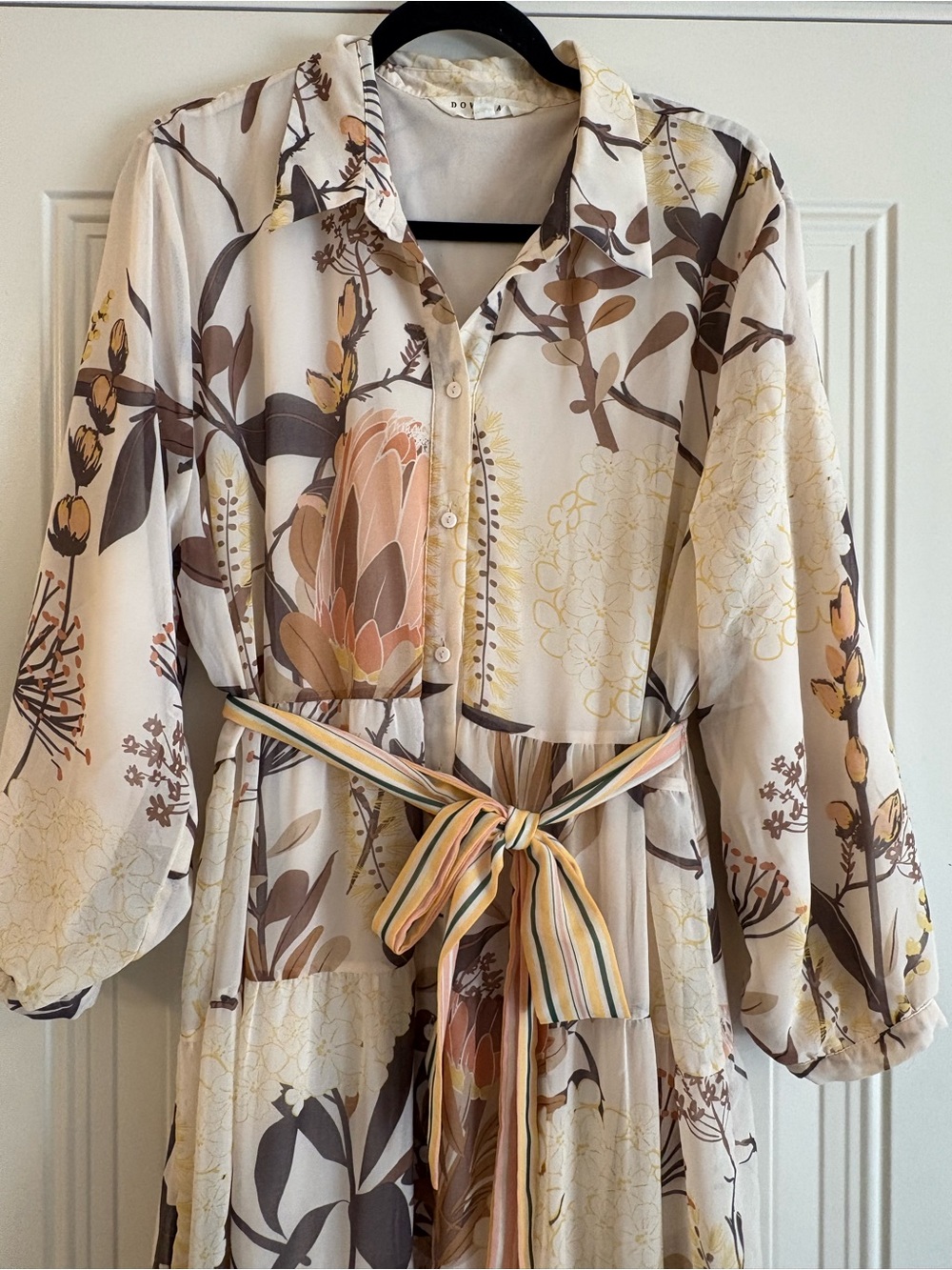 DownEast Floral Long Sleeve Button-Front Maxi Dress in Cream, Brown and Pink